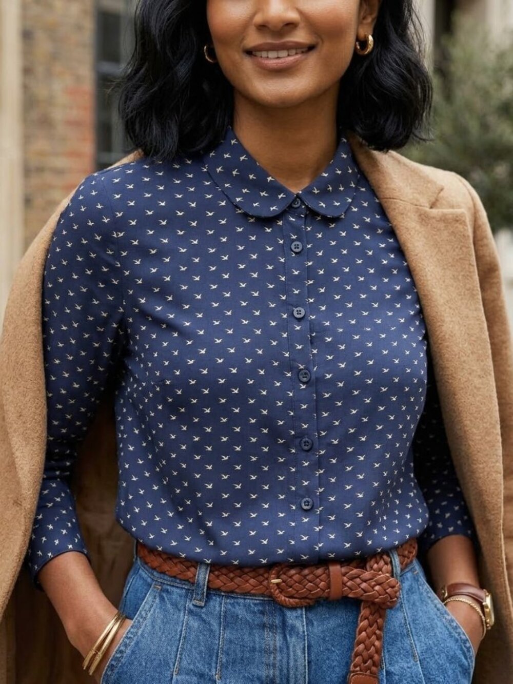 Pure Collection 100% Silk Navy Blue Bird Print Blouse Top Sz 12 Preppy Academia